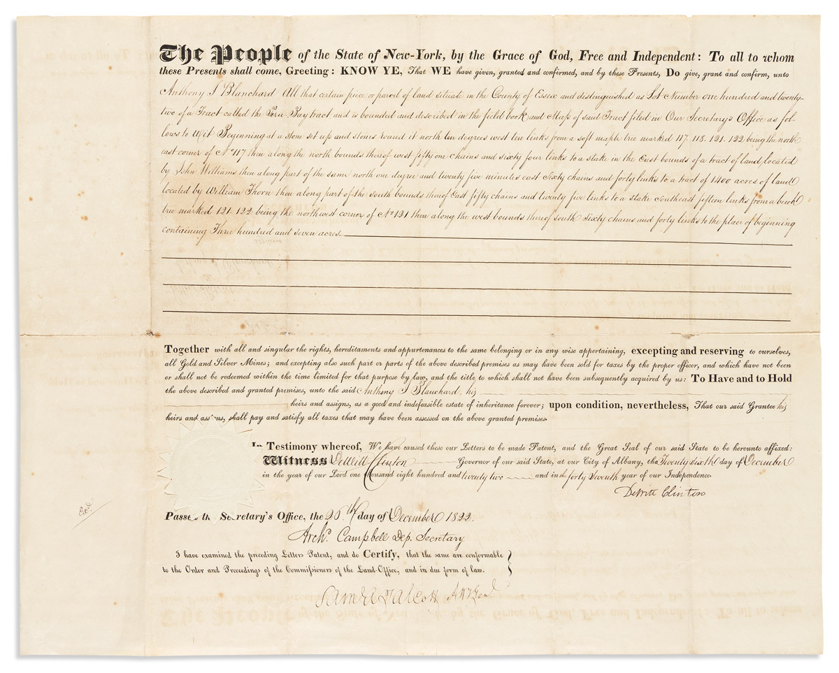 CLINTON, DEWITT. Partly-printed Document Signed, granting 307 acres in Essex County to Anthony J. Blanchard.